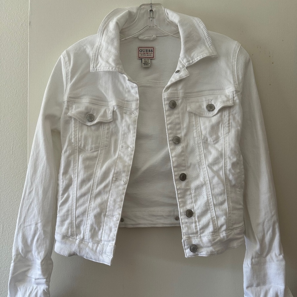 GUESS? White Denim Cropped Trucker Jacket Size XS